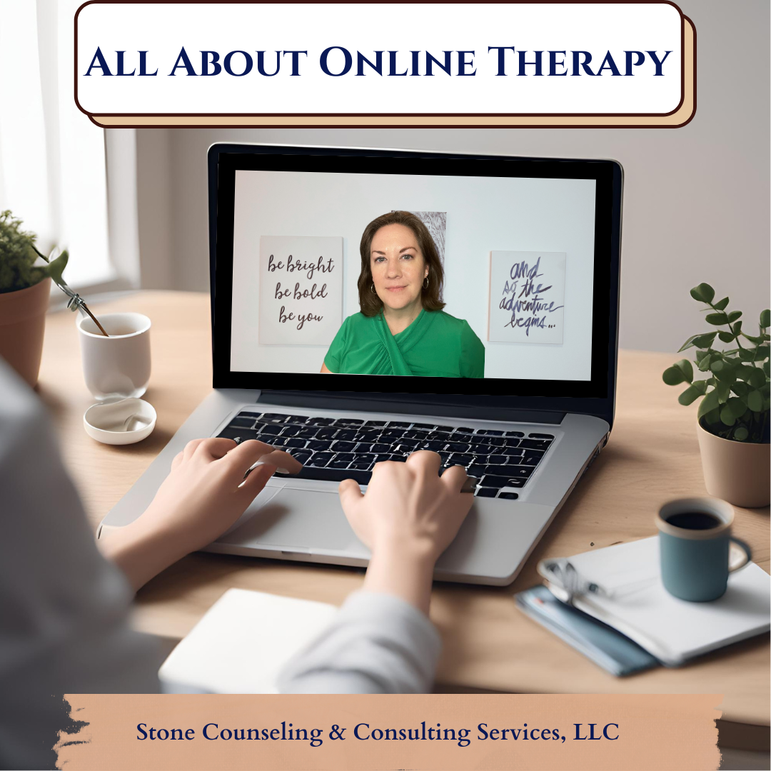 "All About Therapy" by Stone Counseling & Consulting Services LLC. The image shows a laptop on a table, displaying a mock telehealth therapy session with a therapist and client on a video call, representing virtual mental health support.