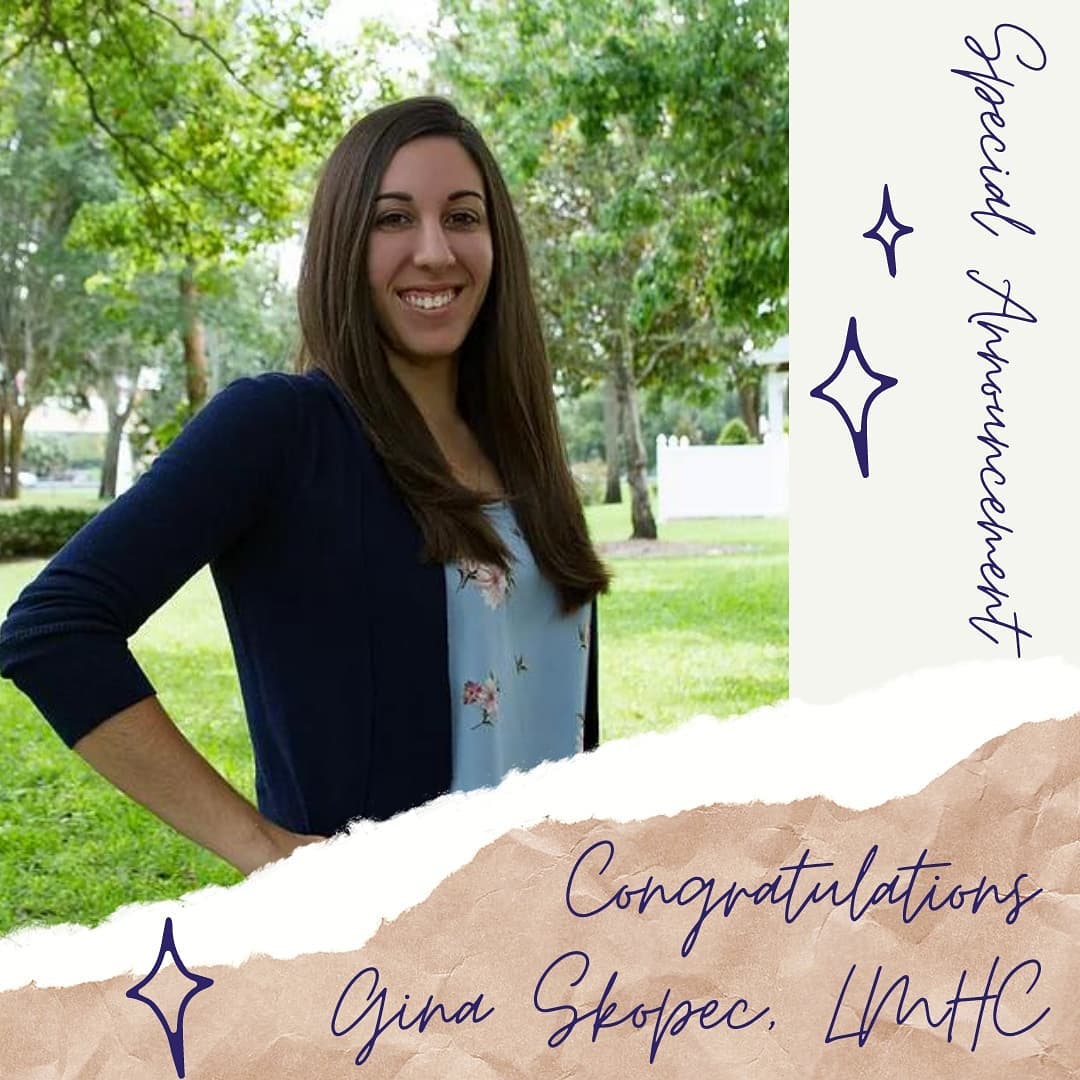 "Special Announcement" with photo of Gina Skopec, LMHC with the word congratulations