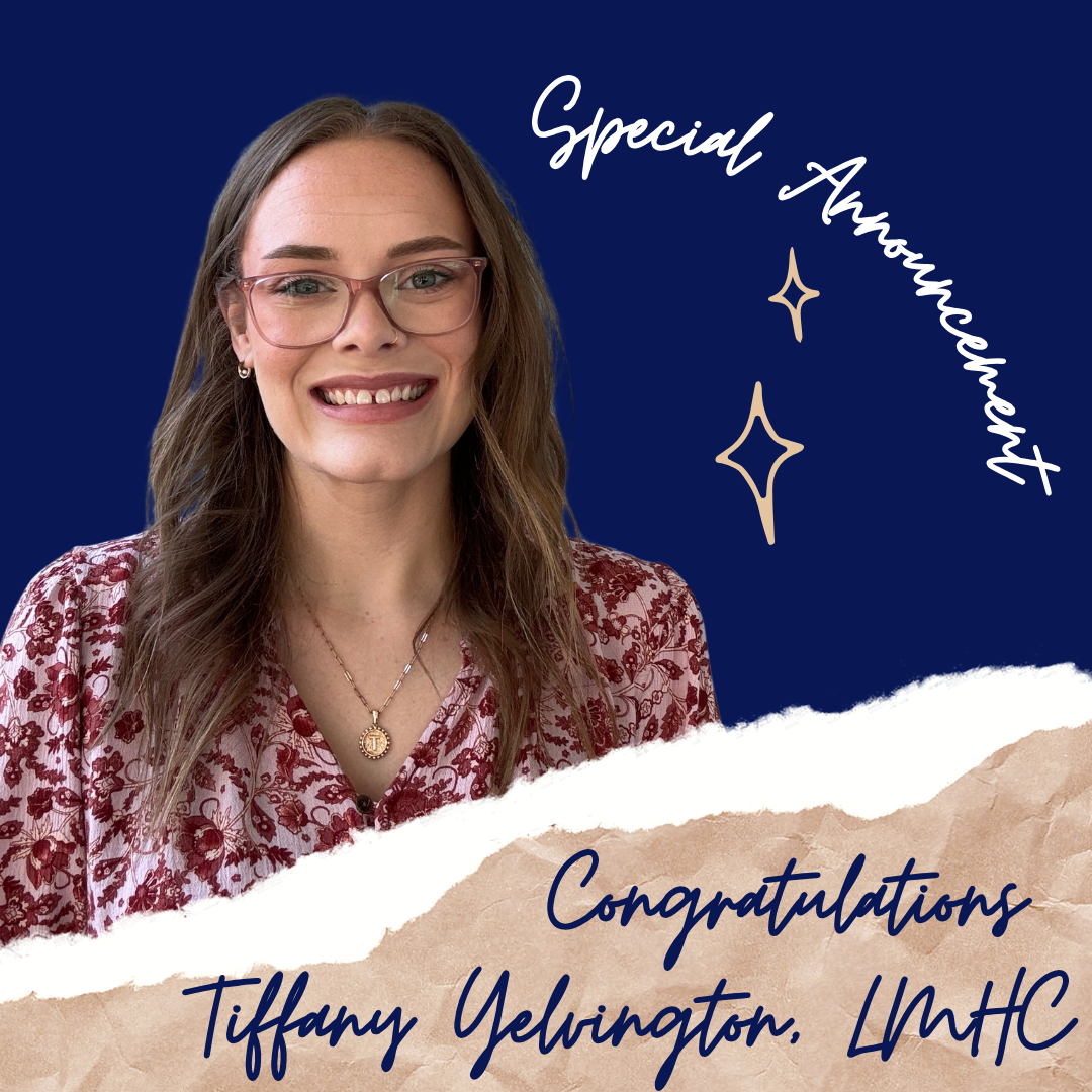 "Special Announcement" with photo of Tiffany Yelvington, LMHC with the word congratulations